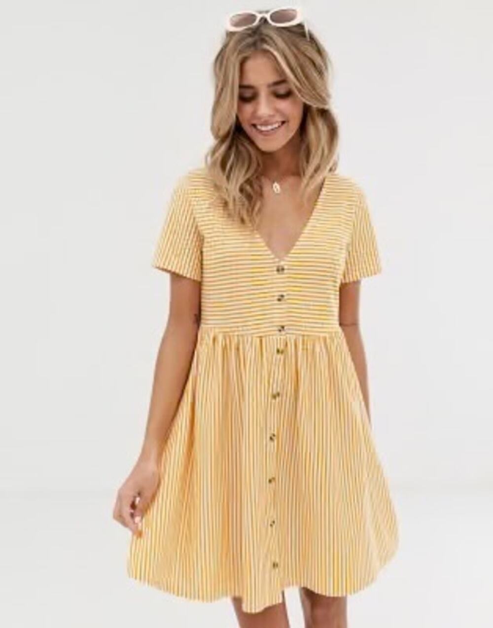 ASOS | Yellow Stripe Button Smock Dress Size 8 Babydoll Short Sleeve